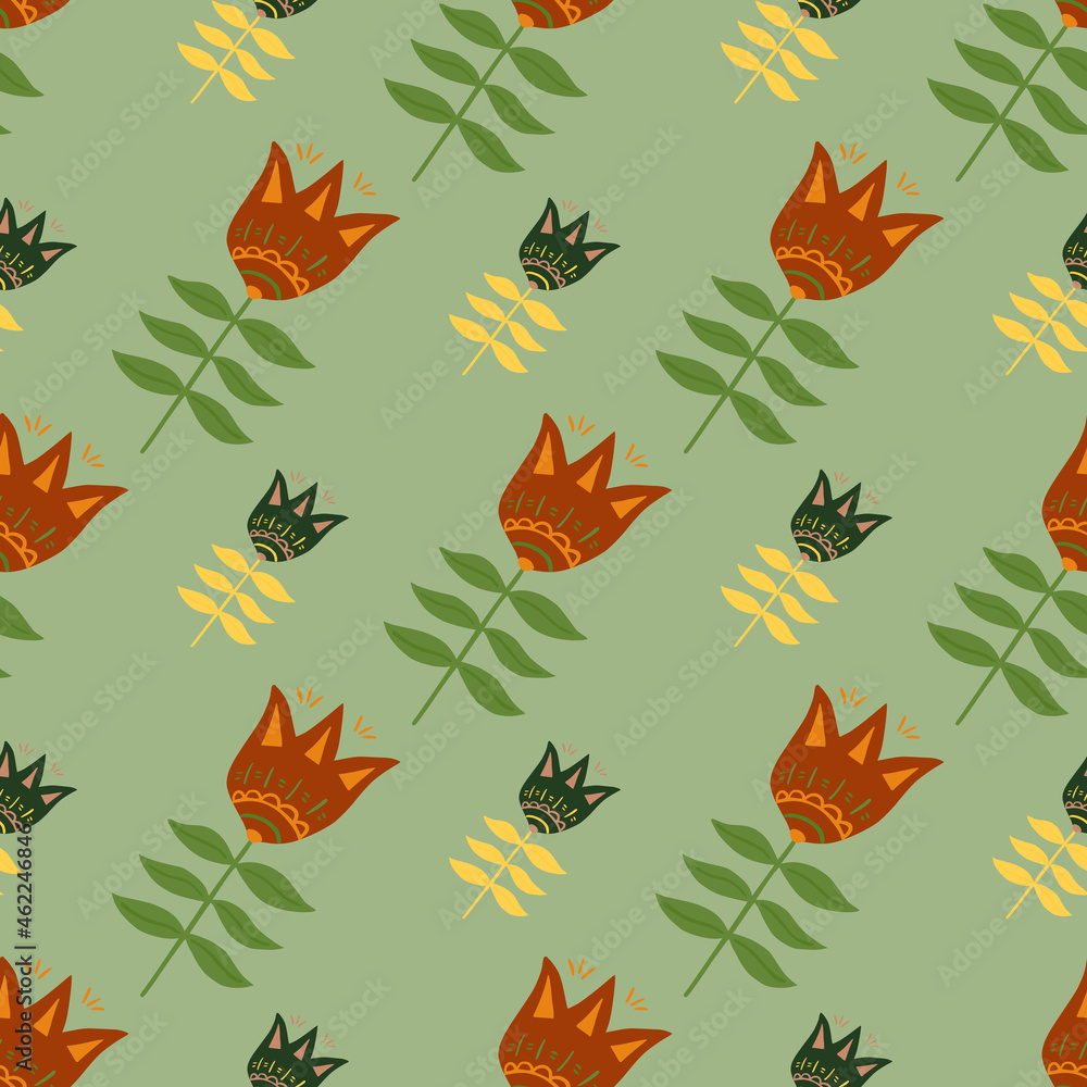 Geometric flower folk art seamless pattern on green background. Geometric flower folk art seamless pattern on green background.