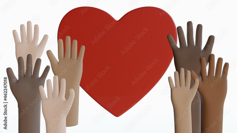 Obraz premium Diversity hands 3d illustration. Love. Equal. Multicultural. 