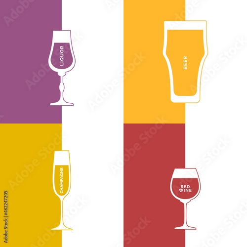Liquor, beer, champagne and red wine glass in minimalist linear style with text. Contour of glassware on right side in form of fine line. Four types of multi-colored drink. Isolated image on white.