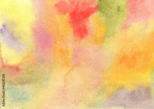 Beautiful artistic watercolor background in natural yellow, orange, brown, red, green and blue color. © Irina