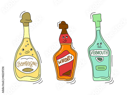 Champagne, whiskey and vermouth with smile on white background. Cartoon sketch graphic design. Doodle style with black contour line. Cute hand drawn bottle. Party drinks concept. Freehand drawing .