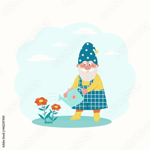 little dwarf waters the flowers in the garden. Vector characters in flat style.
