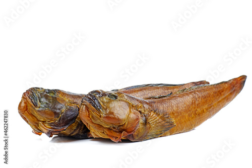 Two smoked round goby fish isolated on white background