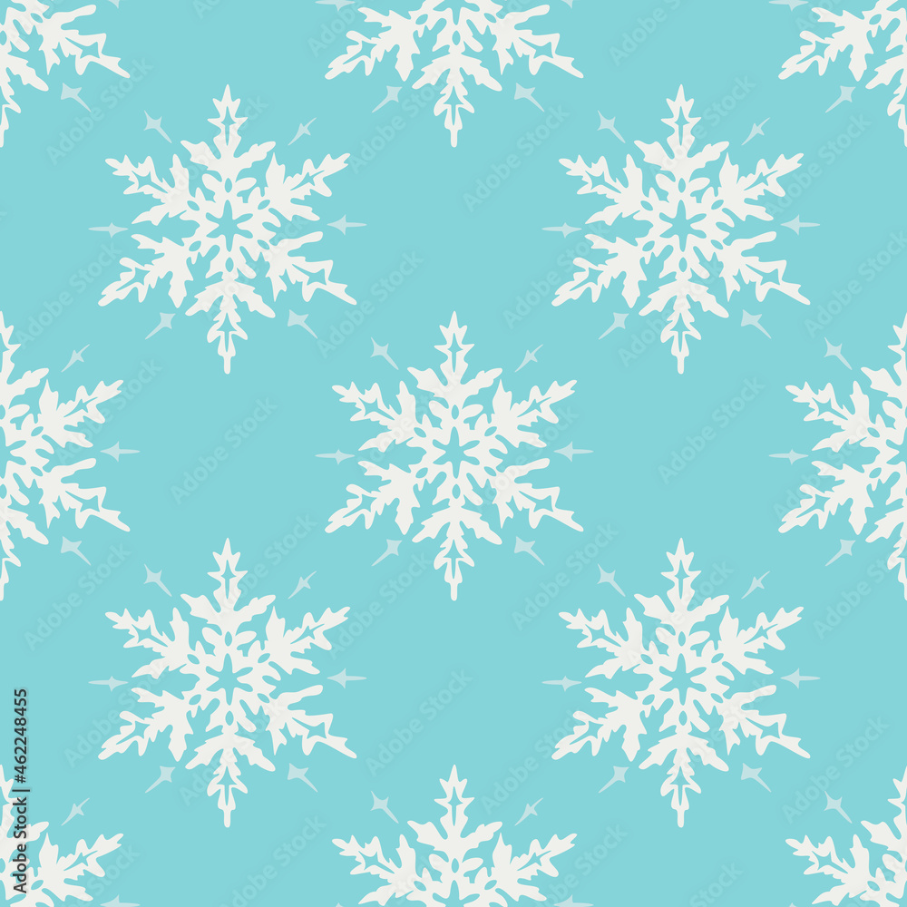 Vector seamless pattern with white snowflakes on blue background. Fancy design.