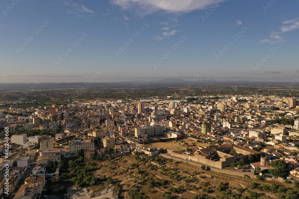 4k Inca Poble Mallorca town 
Sant Bartolomeu Parroquia 
 Old Arquitecture aerial view