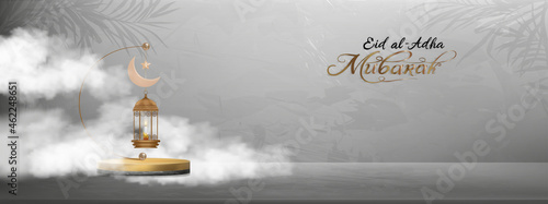 Eid al Adha Mubarak greeting design with Crescent Moon and Star hanging on 3D podium on grey cement background.Vector Backdrop of Religion of Muslim Symbolic for Eid al fitr, Ramadan Kareem