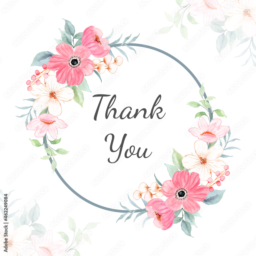 Thank you card with watercolor pink floral frame