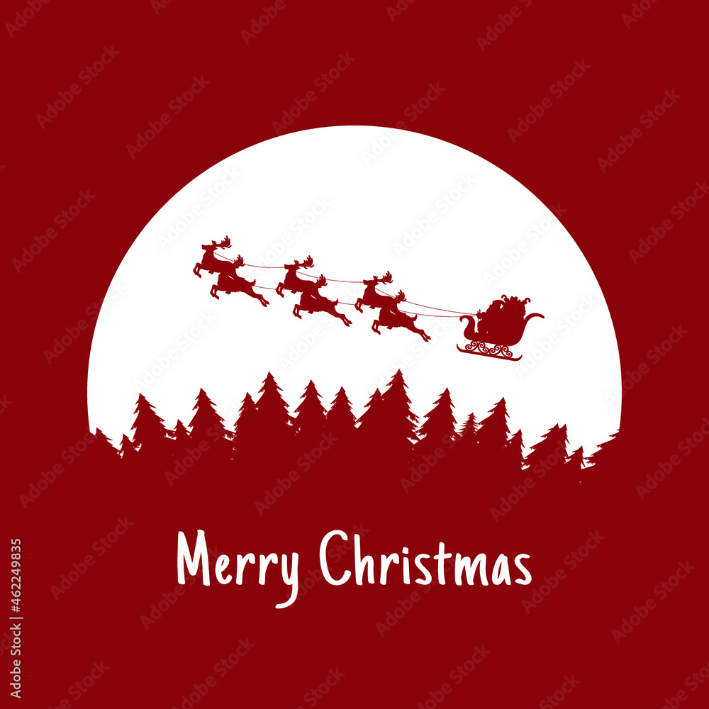 Silhouette of Santa Claus on a sleigh flying over pine forest Silhouette of Santa Claus on a sleigh flying over pine forest