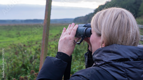People looking through binoculars at birds or animals on the field. spending time in nature birdwatching.