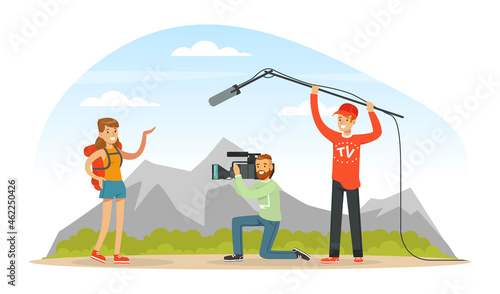 Woman TV Reporter Speaking Into Microphone and Camera Man Recording Vector Illustration
