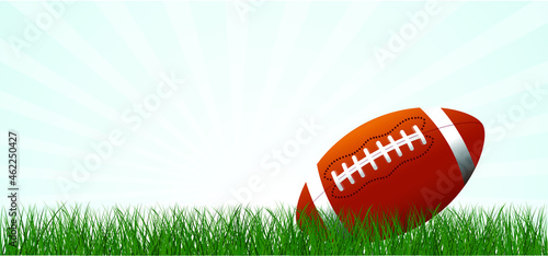 Cartoon, comic American football on green grass field. Sport team game cup. Rugby ball day. Funny super bowl weekend party. USA, sport finale, school games or on street. Vector summer background