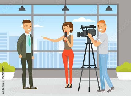 Woman TV Reporter Speaking Into Microphone Interviewing and Camera Man Recording Vector Illustration