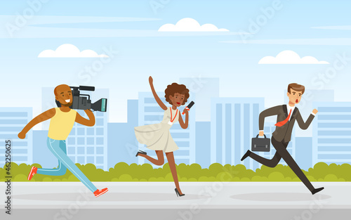 Woman TV Reporter with Microphone and Camera Man Chasing Guy Vector Illustration