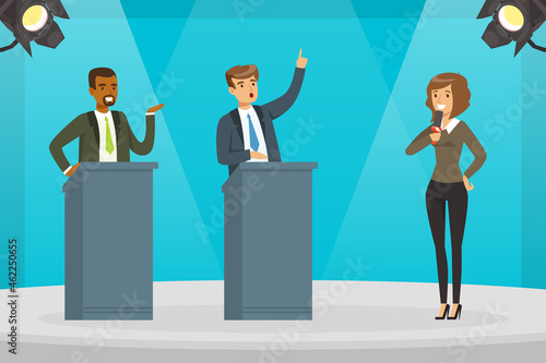 Woman TV Reporter Speaking Into Microphone at Show Programme on Television Vector Illustration