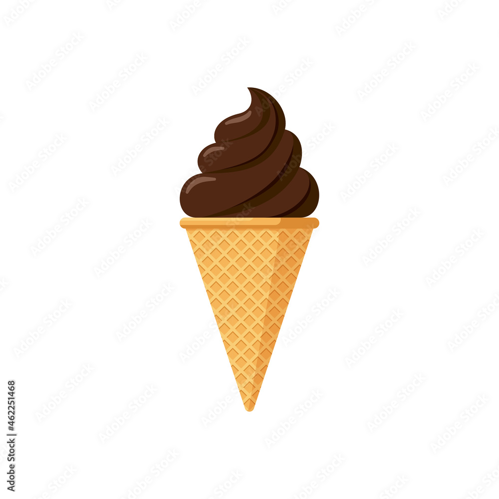 Delicious chocolate ice cream in waffle cone. Tasty isolated twisted cocoa ice-cream on white background. Cute flat style product design vector eps illustration