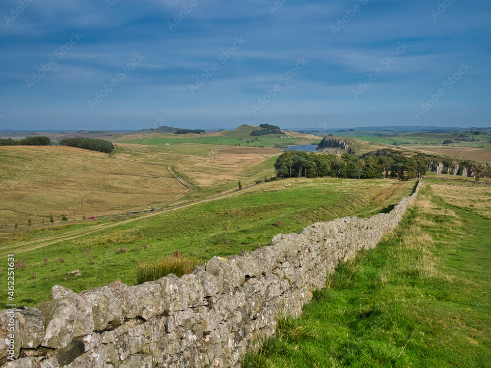 In open countryside, the route of Hadrian's Wall in Northumberland, England, UK. Begun in AD122, the wall ran across Britain forming the northern boundary of the Roman Empire.