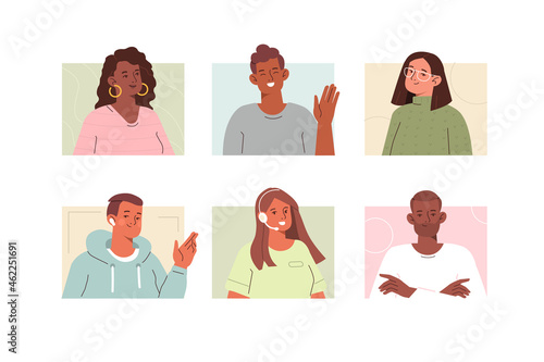 People avatars. Different business and casual male and female faces. Man and woman characters portraits. User account profile pictures. Flat cartoon vector illustration and icons set.