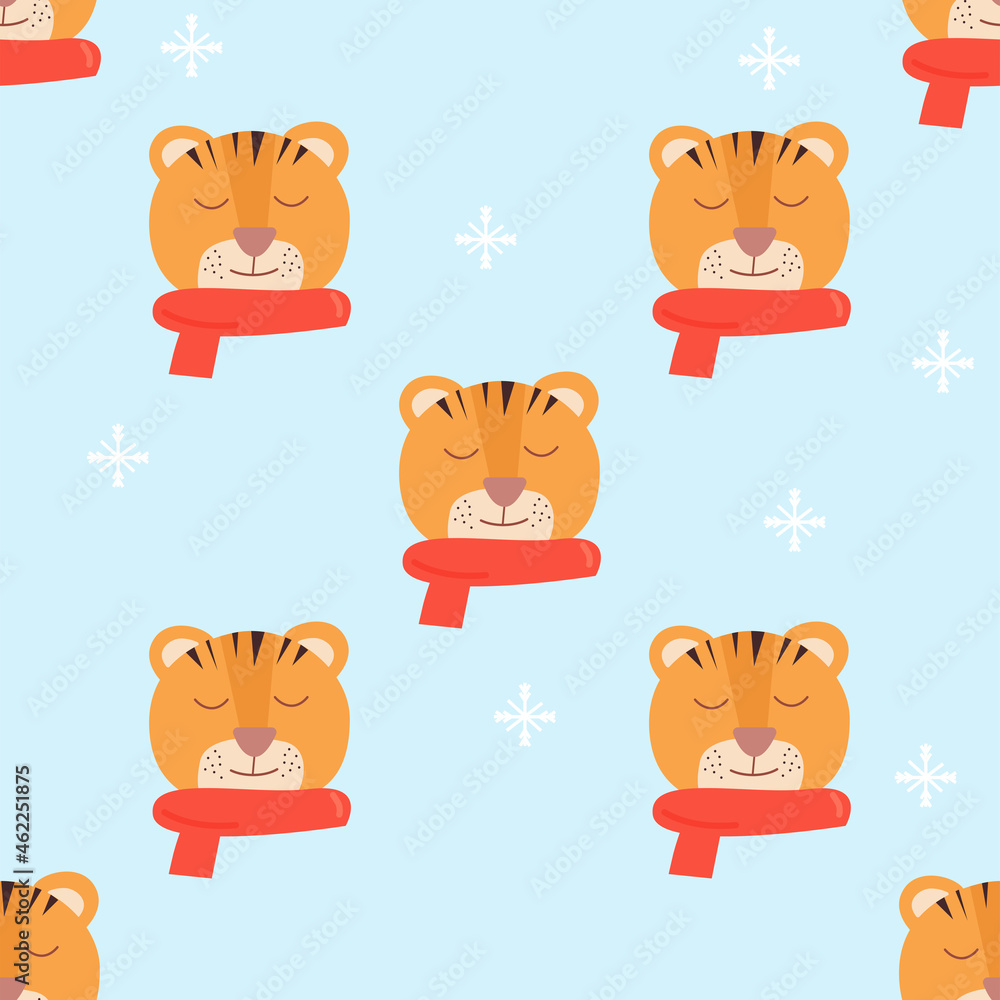 cute tiger face with red scarf blue snowflake background . cute tiger face with red scarf blue snowflake background .