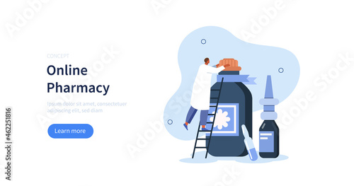 
Doctor pharmacist сhoosing dose for medicaments in drugstore or hospital. Health care and pharmacy concept. Flat cartoon vector illustration.