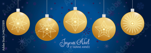 Joyeux Noël et Bonne Année bleu et doree - Boules de Noël - Français