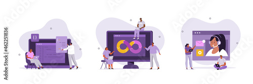 Developers, DevOps and technical support teams working together to build an engineering system. Software development and it operations concept. Flat cartoon vector illustration and icons set.