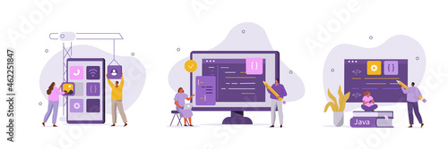 
Development and programming scenes. Developers team programming code and building mobile app, students reading coding books with programmer languages. Flat cartoon vector illustration and icons set.
