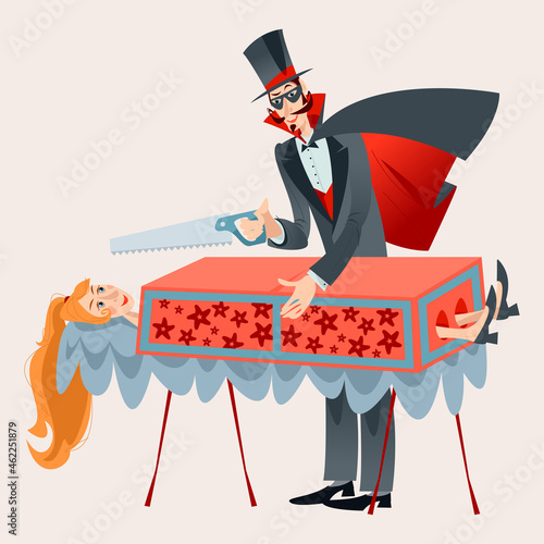 Magician sawing a woman in half.