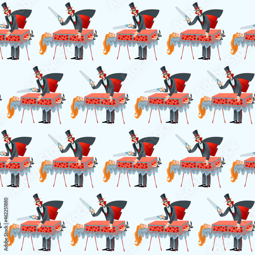 Magician sawing a woman in half. Seamless background pattern.