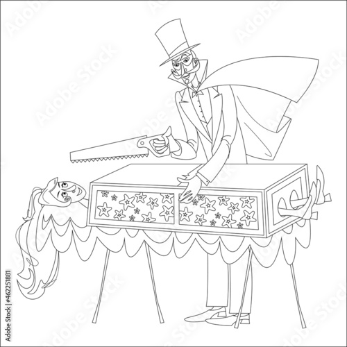 Magician sawing a woman in half. Coloring page.