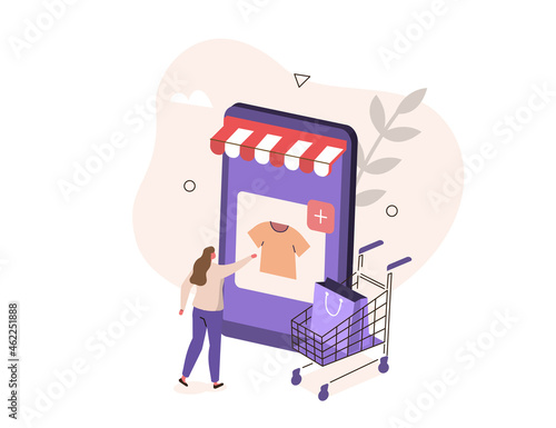 Character buying goods online on internet marketplace. Woman shopping online in mobile app. Shopping and retail concept. Flat isometric vector illustration.