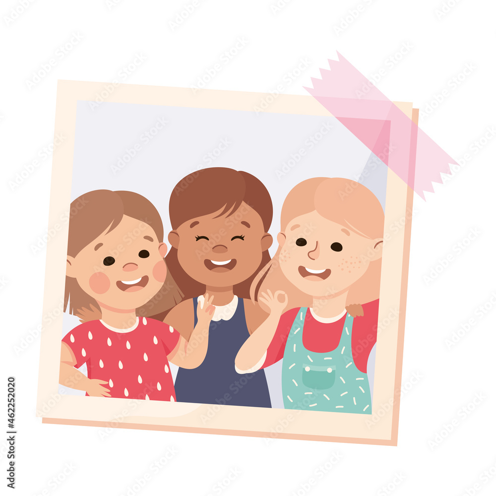 Happy Girl on Photo Card or Snapshot Sticking on the Wall Vector Illustration