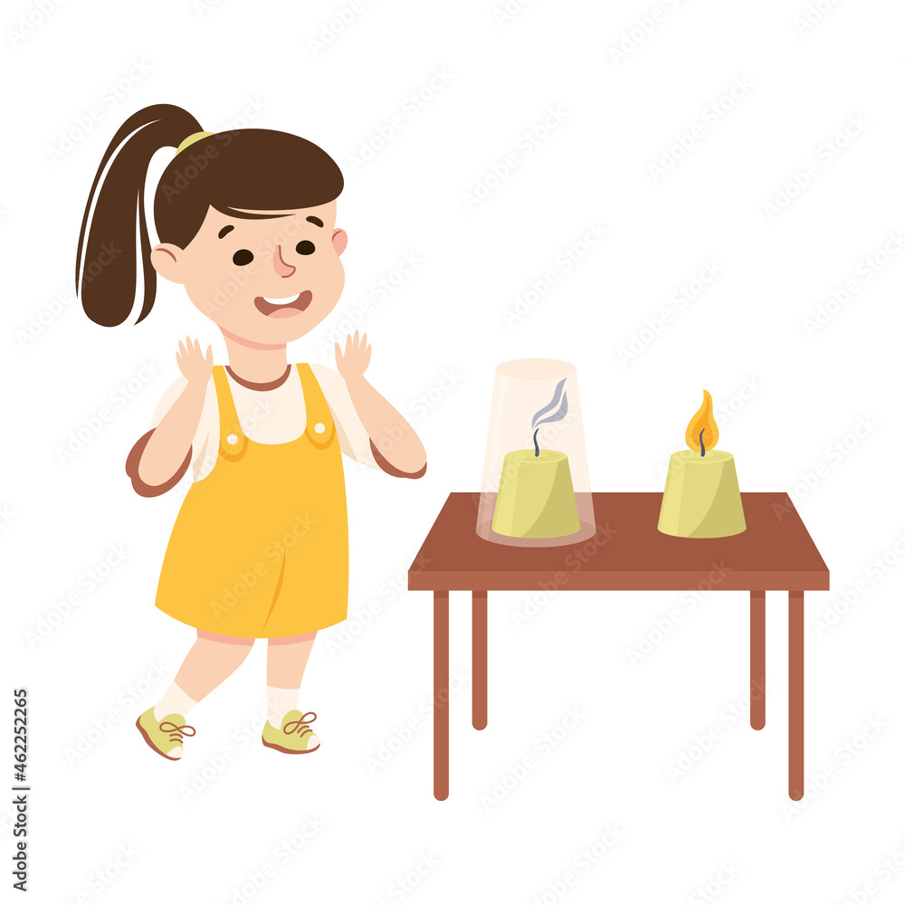 Little Girl Working on Physics Science Experiment with Flame Vector Illustration Little Girl Working on Physics Science Experiment with Flame Vector Illustration