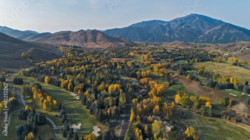 Drone aerial view of Sun Valley, Idaho with beautiful fall colors