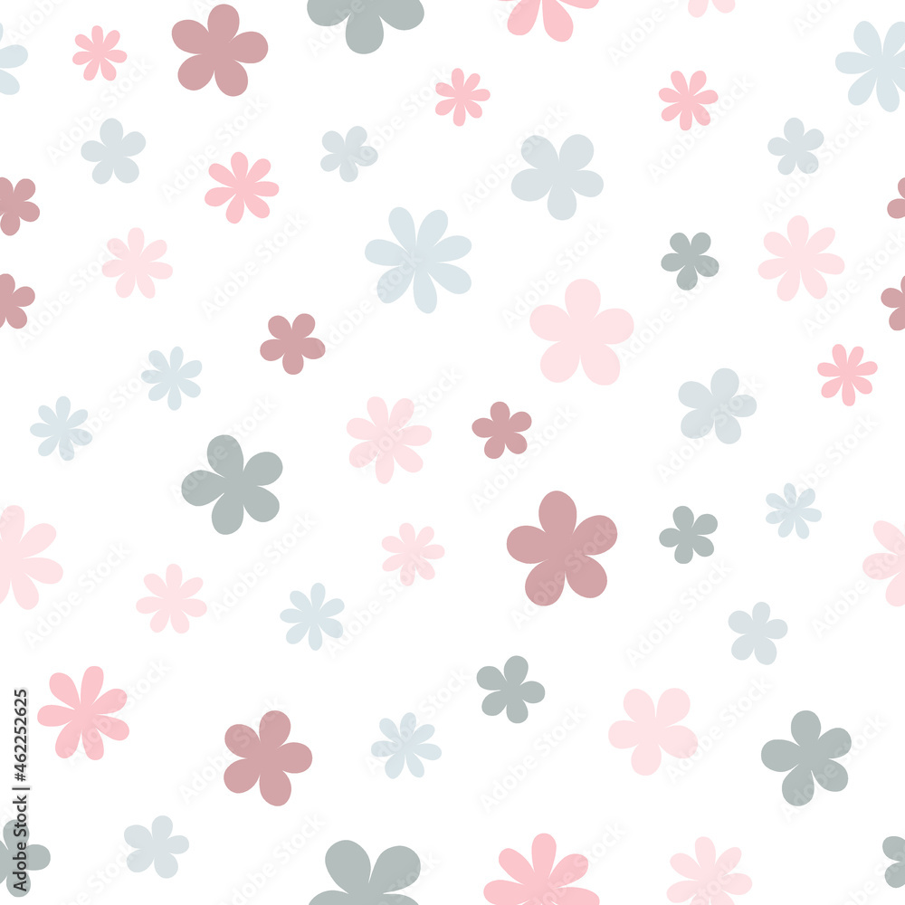 Floral seamless pattern with simple daisy flower isolated on white background.  Can be used for fabric, wrapping paper, scrapbooking, textile, banner and other design. Flat design.