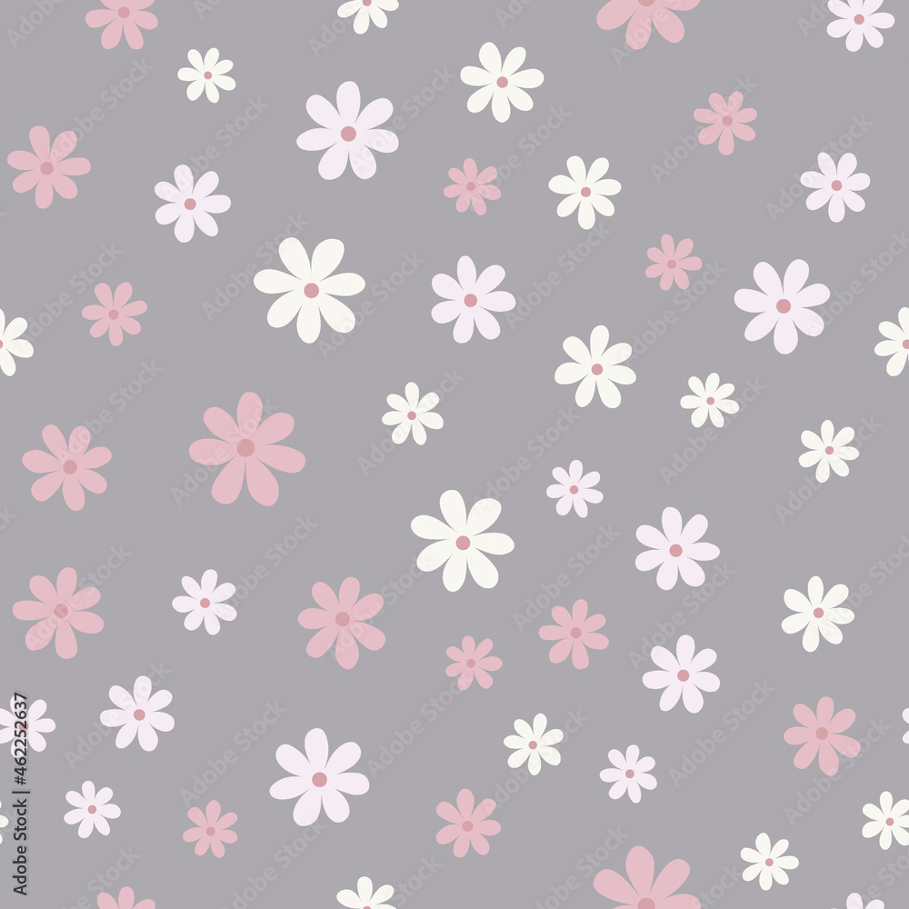 Floral seamless pattern with simple daisy flower isolated on gray background. Can be used for fabric, wrapping paper, scrapbooking, textile, banner and other design. Flat design. Floral seamless pattern with simple daisy flower isolated on gray background. Can be used for fabric, wrapping paper, scrapbooking, textile, banner and other design. Flat design.
