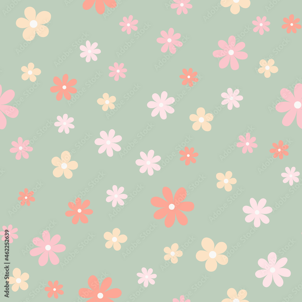 Floral seamless pattern with simple daisy flower isolated on light green background.