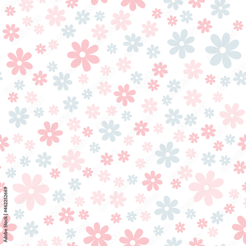 Floral seamless pattern with simple daisy flower isolated on white background.