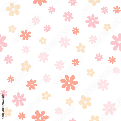 Floral seamless pattern with simple daisy flower isolated on white background.