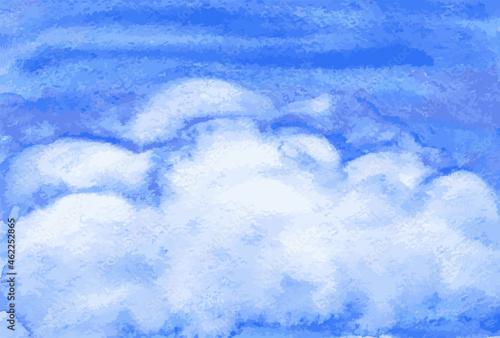 Watercolor drawing of abstract white clouds in blue sky