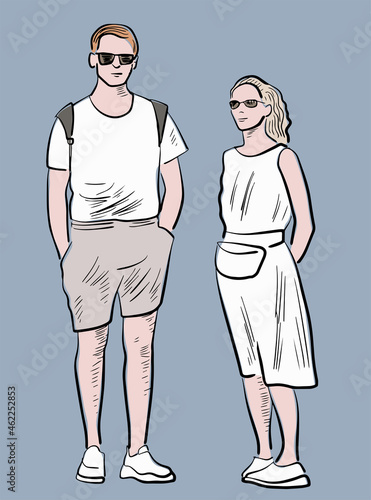 Photos Hand drawing of couple young citizens standing outdoors on summer day