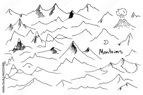 a set of mountain peaks with a volcano. hand-drawn black line on white mountain ranges side view simple doodle style drawing for design template