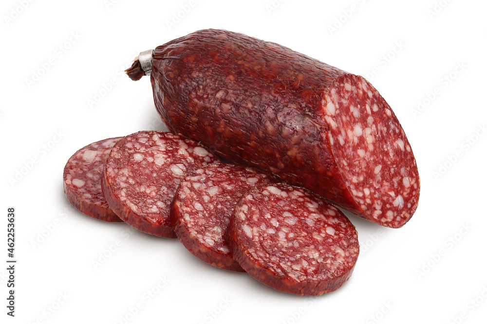 Smoked sausage salami with slices isolated on white background with clipping path and full depth of field Smoked sausage salami with slices isolated on white background with clipping path and full depth of field