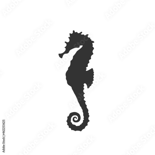 Isolated black silhouette of seahorse on white background. Side view. Silhouette of marine animal. Sea horse.