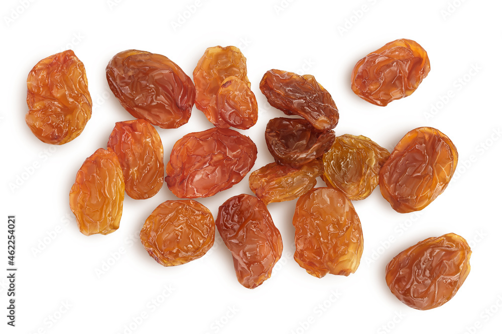 Brown raisin isolated on white background with clipping path. Top view. Flat lay Brown raisin isolated on white background with clipping path. Top view. Flat lay