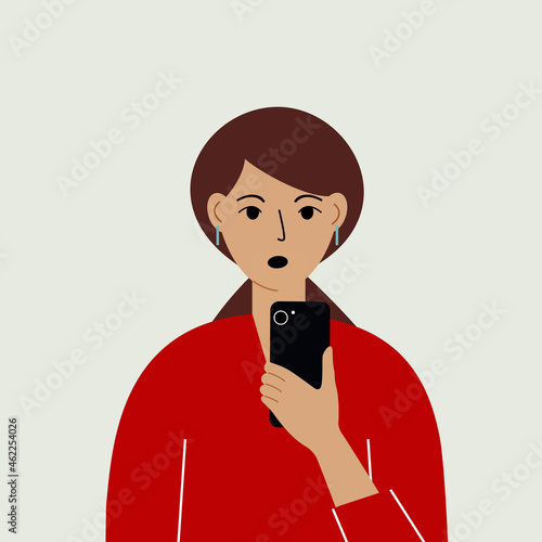 Shocked woman with mobile phone, front view. Taking pictures, reading, chatting. Smartphone and internet addiction.