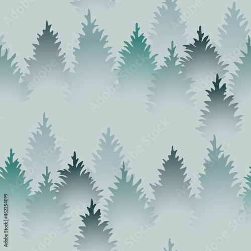 Seamless pattern with misty forest landscape