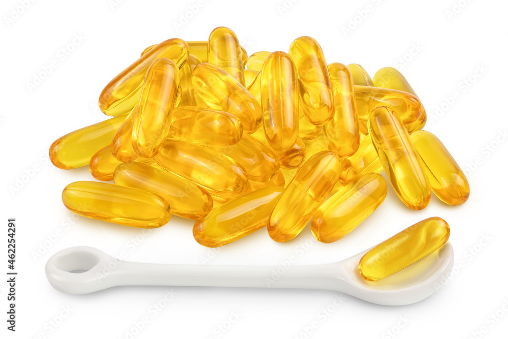 Fish oil capsules isolated on white background with clipping path and full depth of field