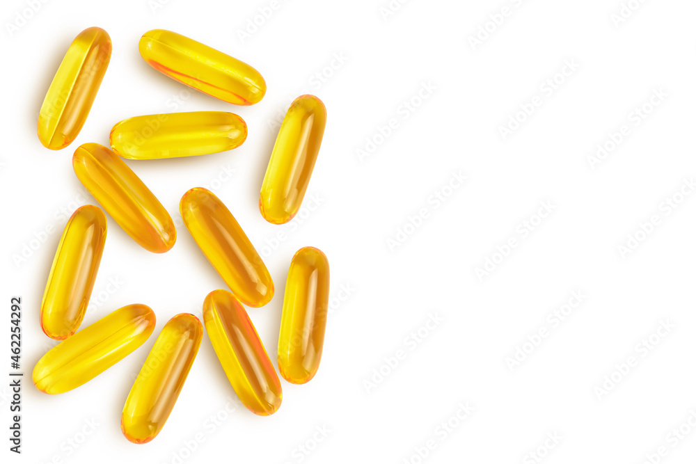 Fish oil capsules isolated on white background with clipping path and full depth of field. Top view with copy space for your text. Flat lay Fish oil capsules isolated on white background with clipping path and full depth of field. Top view with copy space for your text. Flat lay