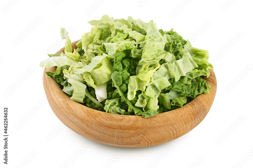 chopped savoy cabbage in wooden bowl isolated on white background with clipping path and full depth of field chopped savoy cabbage in wooden bowl isolated on white background with clipping path and full depth of field