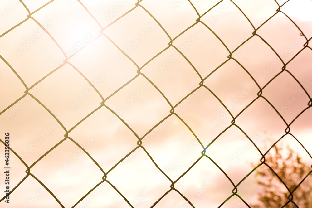 Fototapeta premium The texture of the metal mesh-netting against the background of the pastel colors of the sky. Beautiful abstract background.